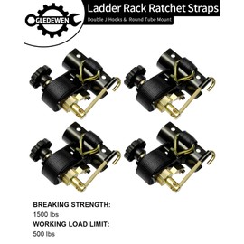 Ladder Rack Ratchet Straps with J-Hook (4PCS), 2" Black Round Tube Mount, 1.5" Wide x 7.5' Long Black Retractable Ratchet Tie Down Strap Roof Rack, 500 lbs Load Heavy Duty Cargo Buckle Rack Lock Strap