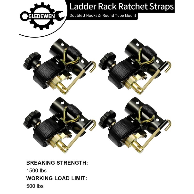 Ladder Rack Ratchet Straps with J-Hook (4PCS), 2" Black Round