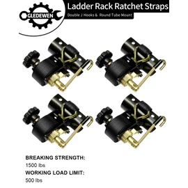 Ladder Rack Ratchet Straps with J-Hook (4PCS), 2" Black Round Tube Mount, 1.5" Wide x 7.5' Long Black Retractable Ratchet Tie Down Strap Roof Rack, 500 lbs Load Heavy Duty Cargo Buckle Rack Lock Strap