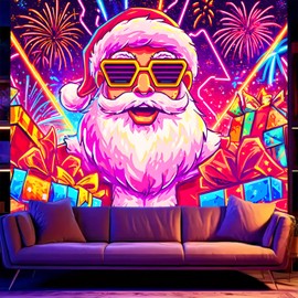 BSFHH Merry Christmas Black Light Tapestry – UV Reactive Glow in the Dark Wall Hanging, Santa Claus Christmas Tree Snowman Elk Home Decoration for Party Bedroom or Dormitory (Santa Claus Gift, 90L" x 70W", Unframed)