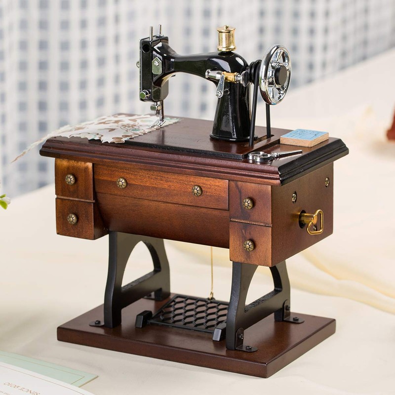 Mr.Winder Sewing Machine Music Box Gift, Wooden Vintage Musical Box