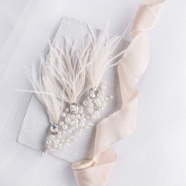 Aimimier Bridal Pearl Hair Vine with Feather Ivory Crystal Headband Wedding Hair Piece Prom Party Festival Hair Accessories for Women and Girls