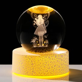6cm K9 Crystal Ball Engraved 3D Fairy with Rose Figurine Paperweight with LED Light Base, Fairy Themed Ornament Gifts for Women Friends Fairy Lovers for Birthday Christmas