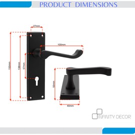 Infinity Decor Matt Black Victorian Scroll Lever Lock Zinc Door Handles Set 153mm x 41mm - for Interior & Exterior Use