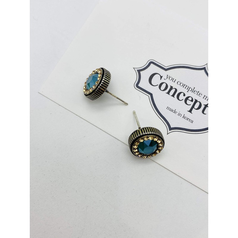 circle green-crystal stud earrings with 925 silver post for women