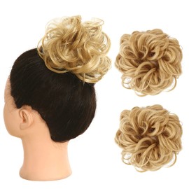 Messy Bun Hair Piece Accessories For Women（2Pcs） Ponytail Hair Extensions Synthetic Donut Curly Hair Scrunchies Hairpieces (27/613 Gold & Light Blond)