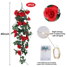 RECUTMS Hanging Flowers Artificial Hanging Rose Flower 2PCS 3.3Ft for Outdoors with 30 LED Fairy String Lightsfor Indoor Wall Wedding (Red)