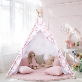 Silipull Pink Bow Teepee Tent & Kids Princess Playhouse Foldable Coquette Play Tent Portable & Foldable Toddler Bed, Children Play Indoor Outdoor Dome Teepee Playhouse