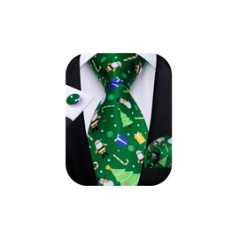 DiBanGu Mens Green and White Christmas Ties,Festive Snowman Printed Necktie Pocket Square Cuffliks Set Xmas Holiday Ties with Gift Box