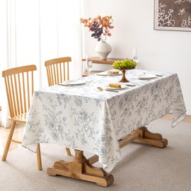 Meikelor 55 x 63 inch Floral Linen Tablecloth Wrinkle Resistant Vintage Farmhouse Tablecloth Black Pattern Printed on Cream Table Cloth Rectangle Cottage Burlap Fabric Table Cover Home Decor Holiday