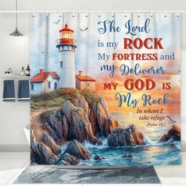 Beach Lighthouse Bible Verse Shower Curtain, Rustic Coastal Nautical Sunrise Motivational Quotes Art Shower Curtain for Bathroom, Blue Wood Fabric Waterproof Shower Curtai Set with Hooks, 70X70IN