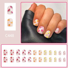 Vopintpy Summer Fruit Flower Press on Nails Short Square Fake Nails Watermelon Strawberry Lemon Acrylic Nails Cute Glossy Glue on Nails Reusable Stick on Nails for Women