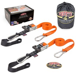 PowerTye 1.5 inch x 10ft Extra Long Ratchet Tie Down Straps, Heavy Duty with Carabiner Hooks, Soft-Tye & Bag, for Motorcycle, ATV & Cargo - 1,000 lb WLL - Made in USA - Orange/Black Pair