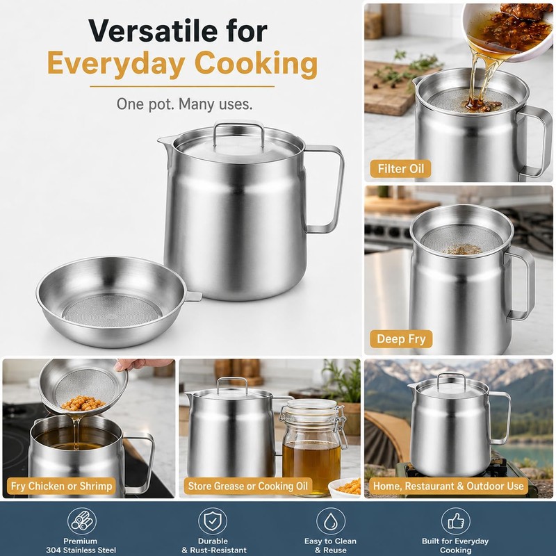2L 304 Stainless Steel Deep Fat Fryer with Oil Strainer