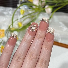 SXVME Glitter Nude Pink 3D Press on Nails Short Square, Pearl Spring Fake Nails with Designs, Coffin Glue on nails with Diamond, Thick Cute Extra Short Nails for Women and Girls, 30 Pcs