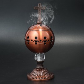 Nazareth Store Incense Burner Charcoal Polished Brass Censer Vintage Design Christian Church Resin Incense Holder Incense Cones Cross 7.9" Aromatherapy Fragrance Ornament