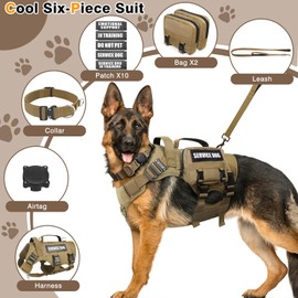 WINSEE Tactical Dog Harness with Dog Leash, Dog Collar, Service Working MOLLE Vest with 10 Pet Patches for Large Dog, No Pull Military Harness and Backpack with Airtag Holdler