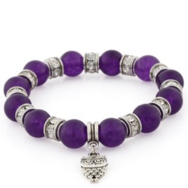 Morella Women's Bracelet Elastic with Owl Pendant and Stone Beads Purple