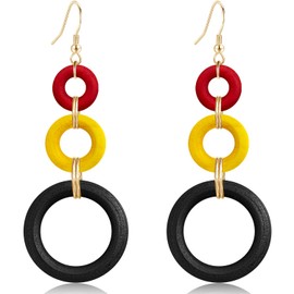 JIMARIN Bohemian Handmade Natural Wooden Circle Round Hoop Splicing Hook Earrings Lightweight Retro Colorful Long Wood Geometric Dangle Drop Earrings for Women (Red Yellow Black)