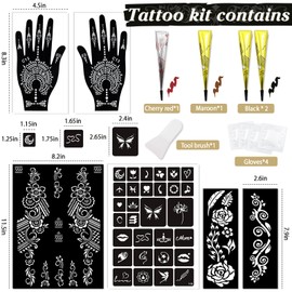 InkForge Temporary Stencils Tattoos Kit, 4 Pcs Tattoo Cones 3 Color (2 Black 1 Maroon 1 Cherry Red) with Gloves Brush Tool,DIY Body Art Skin Painting Designs for Women Men Kids Party Gifts