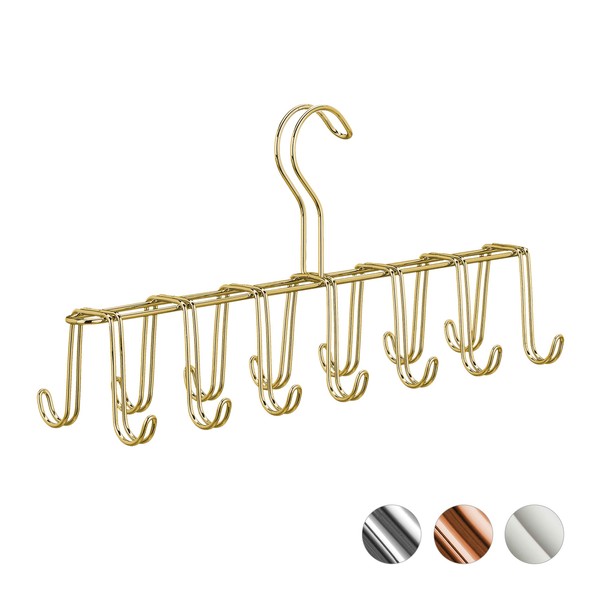 Relaxdays Belt Holder, Modern Metal Tie Rack, Compact, 14 Hooks, Wardrobe Organiser, Gold