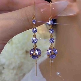 Wedding Long Rhinestone Threader Earrings Gold Purple Crystal Round Pull Through Earrings Thread Bridal Dainty Cz Tassel Chain Brides Diamond Dangle Sparkly Line Bar Drop Simple Prom Party Women