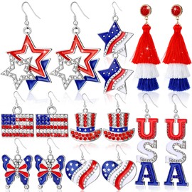 Nosiny 8 Pairs 4th of July Earrings for Women, Patriotic American Flag Dangle Earrings with Rhinestones, USA Independence Day Red White Blue Jewelry Bulk for Women Girls Patriotic Fourth of July Gifts