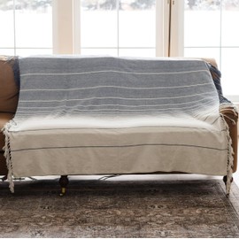 GRACED SOFT LUXURIES Chenille Fringe Throw Blanket for Couch | 50" x 60" Soft, Textured, Fluffy, Warm, Cozy Striped Boho Blanket | Decorative Yet Buttery Soft (Navy Stripe)