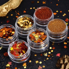 6 Boxes Fall Nail Glitters 3D Maple Leaf Nail Art Glitter Sequins with Gold Hexagon Maple Leaves Flakes Decals Glitter Powder Autumn Nail Accessories for Women Thanksgiving Nail Decorations DIY Crafts