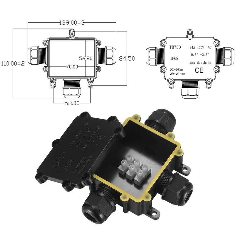 2pcs IP68 waterproof junction box, 3 way outdoor electrical connector,