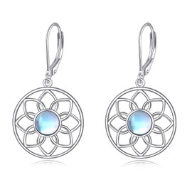 Moonstone Lotus Earrings Leverback 925 Sterling Silver Round Dangle Earrings Gift for Women Girls…