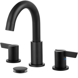 gotonovo 8 Inch Widespread Bathroom Faucet 3 Hole Bathroom Sink Faucet Deck Mount 2 Handles Lavatory Basin with Pop Up Drain with Hot and Cold Mixer Valves Low-Arch 360° Rotation Spout Matte Black