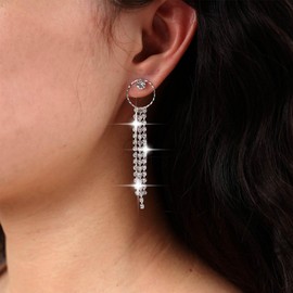 Inateannal Rhinestone Tassel Drop Earrings Long Crystal Chain Earrings Gold Hollow Circle Earrings Rhinestone Tennis Chain Earrings Jewellery for Women and Girls, Zinc, No Gemstone