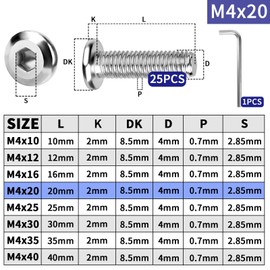 TXXATX Pack of 25 M4 Flat Head Screws M4 x 20 mm Stainless Steel 304 Rounded Head Screws Hexagon Socket Full Thread with Wrench Bit Machine Screws for Assembly Maintenance
