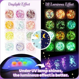 Gel de Purpurina Brillante, Brillo en la Oscuridad,12 Colores Luminosos, Autoadhesivo UV,Chunky Glitter para Cuerpo y Cara,Sombra de Ojos, Labios, Carnaval, Fiesta de Halloween, Maquillaje