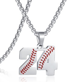 SKQIR Number Necklace for Men Baseball Silver Baseball Jersey Number Pendant for Athletes Number Chain for Boys Sport Stainless Steel Baseball gifts（Number：24