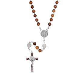 Intercession St Benedict Rosary - Stainless Steel Chain with Wood Beads - Made in Brazil (Walnut)