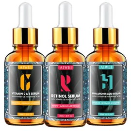 AIWEI Set De Sérums Faciales - Incluye Vitamina C, Retinol Y Ácido Hialurónico - Mejora La Textura, Luminosidad E Hidratación De La Piel - Sérums...  