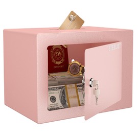 STEELIST Mini Safe Box with Key, Lock Box Safe with Key, Personal Safe with Key Lock, 0.23 Cubic Feet Mini Safe, Steel Security for Hotel, Small Safes for Cash Jewelry Storage, Pink Lock Box