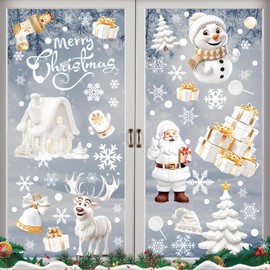 JAMSSOW 190pcs 3D Christmas Window Stickers,9 Sheets Christmas Window Decoration,Double Sides White Xmas Window Stickers with Santa Claus Reindeer Snowflakes for Windows Christmas Party Decor