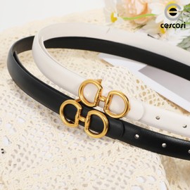 CESCOSI Women Skinny Leather Belts Ladies 2 Pack Thin Waist Belts with Gold Buckle for Dresses 0.7" Width