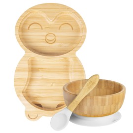 Tiny Dining Baby Dinner Set - Penguin - White - 3pc - Divided Non-Slip Bamboo Self-Feeding Baby Weaning Plate, Bowl & Spoon for Babies, Toddlers, Children