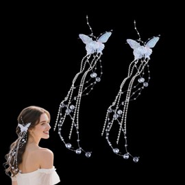 2 Pcs Fairy Flash Butterfly Tassel Hair Clips - Crystal Rhinestone Beaded Tassel, Elegant Acrylic Butterfly Duckbill Clips, Whimsical Hair Accessories for Weddings, Proms, Birthdays