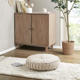 Intelligent Design Loretta Chenille Round Floor Pillow Meditation Cushion, Soft Color & Natural Luster Button Tufted with Elegant Pleated Details, Dia 22"x6"H, Ivory