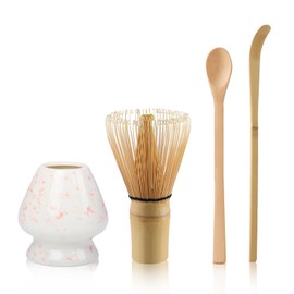 Matcha Tea Set with Whisk and Spoon, Matcha Whisk Kit with Ceramic Whisk Holder Scoop Matcha Ceremony Accessory Set Matcha Gift Set(Pink Dot)