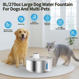 Petsamuse Stainless Steel Large Dog Water Fountain, 2.1Gal/8L Wireless Battery Operated Large Dog Water Bowl Dispenser Motion Sensor Water Fountain Bowl Inside with 13 Filters and 2 Ultra Quiet Pumps