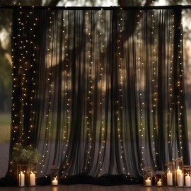 10x10ft Black Tulle Backdrop Curtain with Lights String for Parites, Sheer Backdrop Curtains for Wedding Baby Shower Birthday Party Photo Shoot Decorations