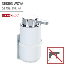 WENKO Woya Wall Soap Dispenser, Refillable Ceramic Pump Dispenser for up to 250 ml Liquid Soap, Turbo-Loc® Attachment No Drilling Required, 6.8 x 13 x 6.8 cm, White