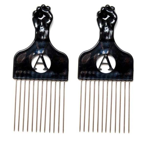 Luxxii (2 Pack) 6.5" Black Fist Metal Afro Pik Lift Hair Comb Detangle Wig Braid Hair Man Styling Comb (6.5 inch)