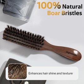 Boar Bristle Hair Brush for Men, Mens Slick Back Hair Brush with Stiff Bristles & Wooden Walnut Handle for Thick & Fine Hair Smoothing, Detangling, Styling, Beard Straightens